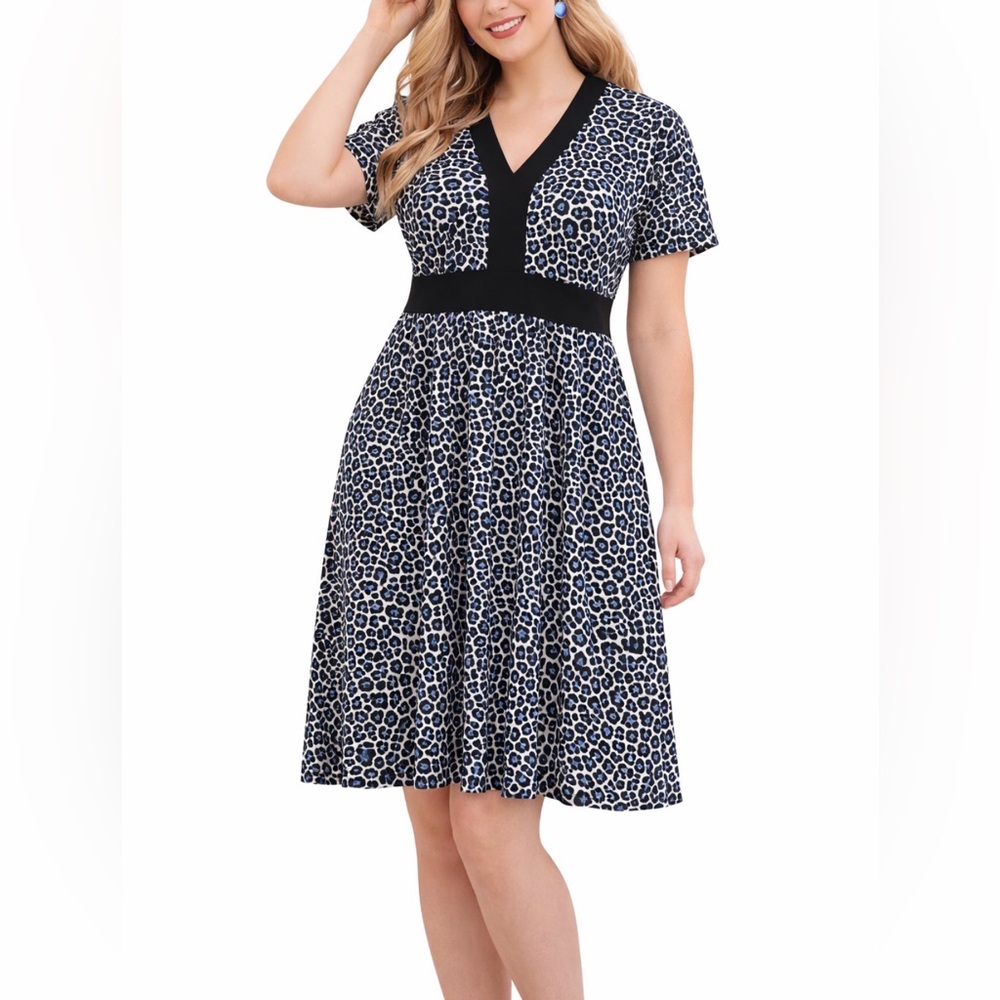 Michael Kors Blue Black Leopard Print Empire Waist Dress XL